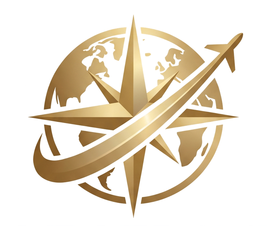 Insignia MAZATRAVEL: globo, brújula y avión